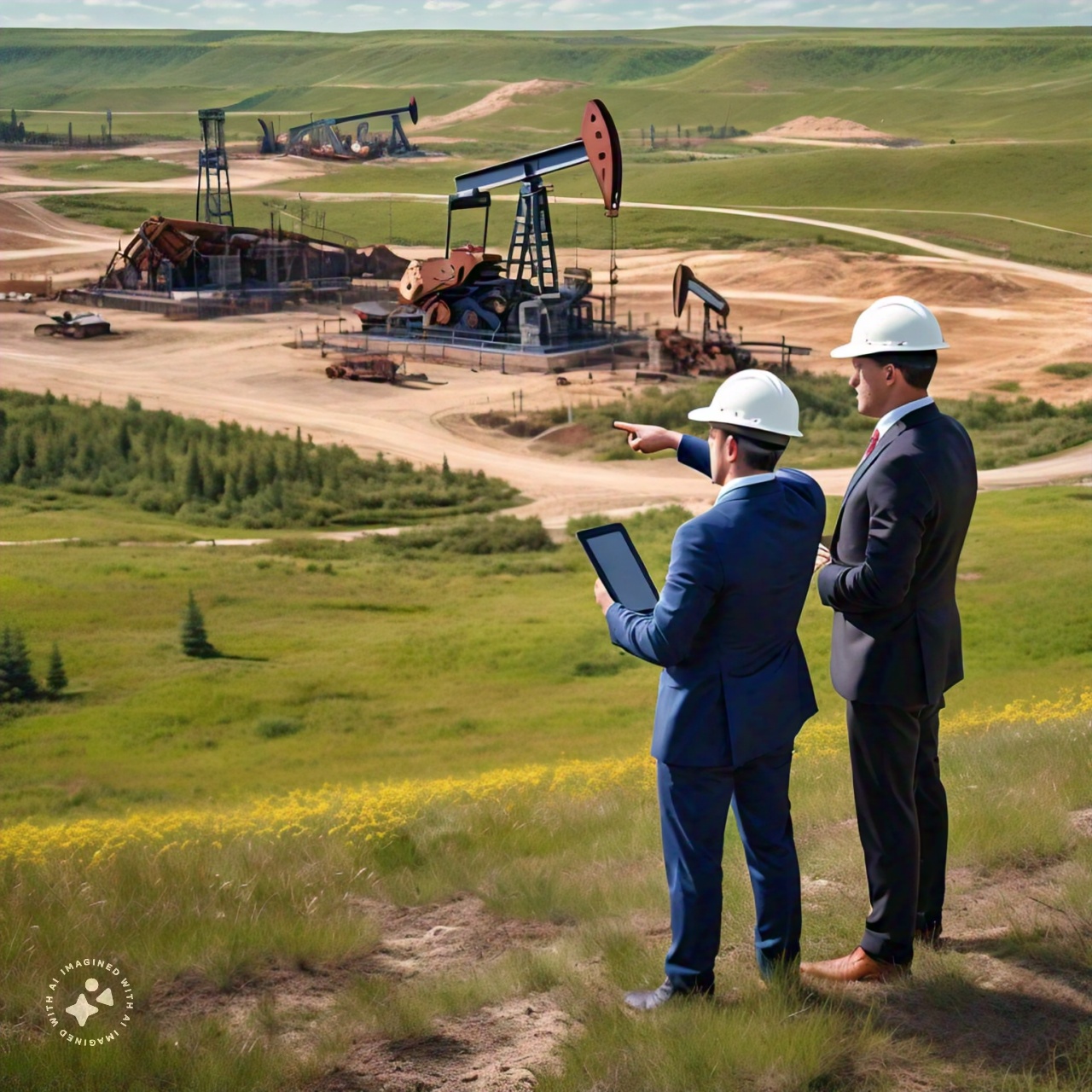 Businessmen overlooking an oilfield.