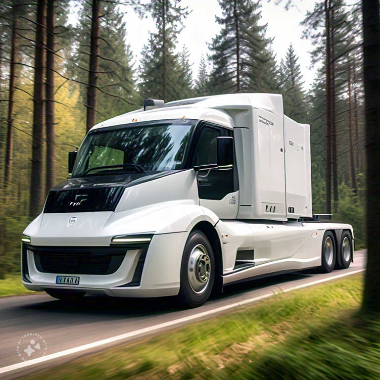 An electric truck driving through a forest.