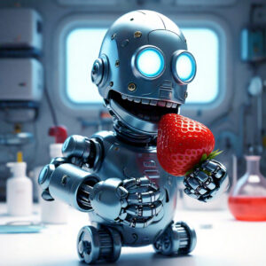 A happy intelligent robot eating a strawberry.